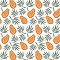 Hand drawn seamless pattern with papayas and palm leaves. Bring vector illustration. Vector repeat background for colorful summer