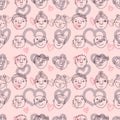 Hand drawn seamless pattern with peoples faces and hearts. Perfect for T-shirt, textile and print. Doodle illustration for decor