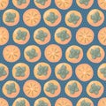 Hand-drawn seamless pattern with persimmons on a blue background. Royalty Free Stock Photo