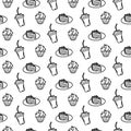 Hand drawn seamless pattern with a piece of cake, a plate, dessert, a glass of soda, coffee, a donut, a glazed cupcake