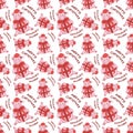 Hand drawn seamless pattern with a pig cartoon character in Santa`s hat and with bow. Royalty Free Stock Photo