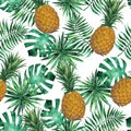 Seamless watercolor pattern with pineapple, monstera, palm leaves