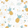 Hand Drawn Seamless Pattern with pineapples, leaves and stars Royalty Free Stock Photo