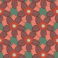 Hand drawn seamless pattern with pink anemone bud flower elements. Pale green background
