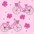 Hand drawn seamless pattern with pink bicycles on cherry sakura blossom flower floral background. Sport transportation