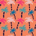 Hand drawn seamless pattern with pink blue palm trees on orange background. Tropical island beach summer print, coastal Royalty Free Stock Photo