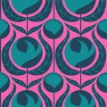 Hand drawn seamless pattern with pink blue scandi scandinavian flowers on navy background. Retro vintage mid century