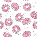 Hand drawn seamless pattern with pink donut with sprinkles isolated on white background