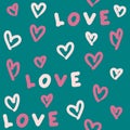 Hand drawn seamless pattern with pink hearts and text LOVE. Perfect for T-shirt, poster, postcard and print.