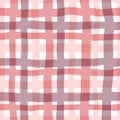 Hand drawn seamless pattern of plaid tartan checkered textile print in lilac mauve pink purple. Checks squares lines in