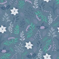 Hand drawn seamless pattern of poinsettia, leaves, branches, berries, holly. Winter floral cozy collection. Christmas decorative Royalty Free Stock Photo