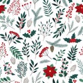 Hand drawn seamless pattern of poinsettia, leaves, branches, berries, holly. Winter floral cozy collection. Christmas decorative Royalty Free Stock Photo