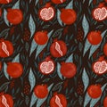 Hand drawn seamless pattern with pomegranates on a dark brown background Royalty Free Stock Photo