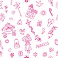 Hand drawn seamless pattern with princess girl doodle design elements. Sketchy fairy tale princess background
