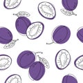 Hand drawn seamless pattern with purpure plums. Vector illustration. Good for background, wallpaper, textile, wrap and etc. Royalty Free Stock Photo