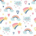 Hand drawn seamless pattern with rainbows, clouds, bright stars and hearts. Cute kids nursery. Sky background. Baby