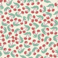 Hand drawn seamless pattern with red cherry berries green leaves on beige background. Retro vintage neutral pastel Royalty Free Stock Photo