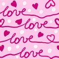 Hand drawn seamless pattern with red hearts on pink background. Love word lettering in stripes lines, white polka dot Royalty Free Stock Photo