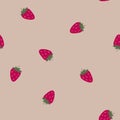Hand drawn seamless pattern with red strawberry berry fruit grean leaves on neutral beige background. Garden ditsy