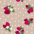 Hand drawn seamless pattern with red strawberry berry fruit grean leaves on neutral beige background. Garden ditsy