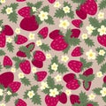 Hand drawn seamless pattern with red strawberry berry fruit grean leaves on neutral beige background. Garden ditsy