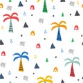 Hand drawn seamless pattern with safari nature, palms. Abstract summer elements drawing in scandinavian style. Royalty Free Stock Photo