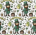 hand drawn seamless pattern with saint patricks elements. Vector line illustration. Irish pattern with clover