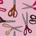 Hand drawn seamless pattern with scissors sewing crafts dressmaking items. Pink brown beige polka dot background, tailor