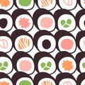 Hand drawn seamless pattern with sea food. Creative ink art work Asian dinner. Actual drawing sushi roll. Vector illustration