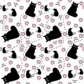 Hand drawn seamless pattern of silhouette cats with rats and pink hearts on white background. Royalty Free Stock Photo
