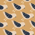 Hand drawn seamless pattern with simple dove birds silhouettes. Beige background