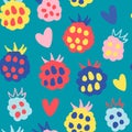 Hand drawn seamless pattern with sketch modern handdrawn style raspberry in bright neon colors. Endless background with fru