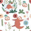 Hand drawn seamless pattern with sloth,van,flower