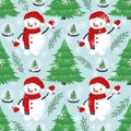 Hand drawn seamless pattern of snowman, tree branches, snowflakes and glass snow ball with Christmas tree. New Year and Christmas Royalty Free Stock Photo