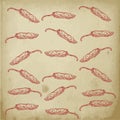 Hand drawn seamless pattern of spices on vintage old paper background. Hot red chili pepper. Spices vector illustration Royalty Free Stock Photo