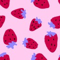 Hand drawn seamless pattern strawberries strawberry. Trendy red pink 80s 90s fruit fabric print, bright vibrant modern