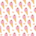 Hand drawn seamless pattern - strawberry ice cream cone clip art - for fashion illustration, printing, poster, banner, notebook, Royalty Free Stock Photo