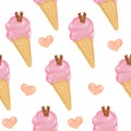 Hand drawn seamless pattern - strawberry ice cream cone clip art - for fashion illustration, printing, poster, banner, notebook, Royalty Free Stock Photo