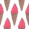 Hand drawn seamless pattern of strawberry ice cream horn, waffle cone on white background. Summer sweet colorful Illustration for Royalty Free Stock Photo