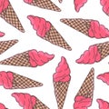 Hand drawn seamless pattern of strawberry ice cream horn, waffle cone on white background. Summer sweet colorful Illustration for Royalty Free Stock Photo