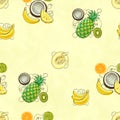 Hand drawn seamless pattern. Summer background with exotic fruits.