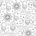 Hand drawn seamless pattern of Sun, Moon, dreamcatcher, feather, star, cloud. Celestial space vector. Magic space galaxy sketch