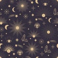 Hand drawn seamless pattern of Sun, Moon, star, sunburst, diamond, eye in line art. Celestial space vector. Magic space galaxy Royalty Free Stock Photo