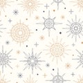 Hand drawn seamless pattern of Sun and stars. Mystical celestial bursting sun rays, circle vector talisman. Magic space galaxy