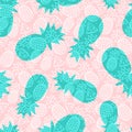 Hand drawn seamless pattern of sweet tropical fruit. Pineapples and pineapple slices. Healthy eating. Cute colorful doodle sketch