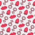 Hand drawn Seamless pattern symbol female. Comic style. Kiss lips and strawberry. Vector surface design on white