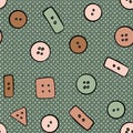 Hand drawn seamless pattern with tbeige brown button sewing crafts dressmaking items. Sage green neutral polka dot Royalty Free Stock Photo