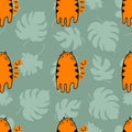 Hand drawn seamless pattern with tigers and tropical leaves. Perfect for T-shirt, textile and prints. Doodle vector illustration Royalty Free Stock Photo