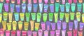 Hand drawn seamless pattern with to go cups and glasses various shapes bright acid colors and bubbles on background