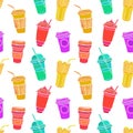 Hand drawn seamless pattern with to go cups and glasses various shapes bright colors. Bright summer funny repeatable